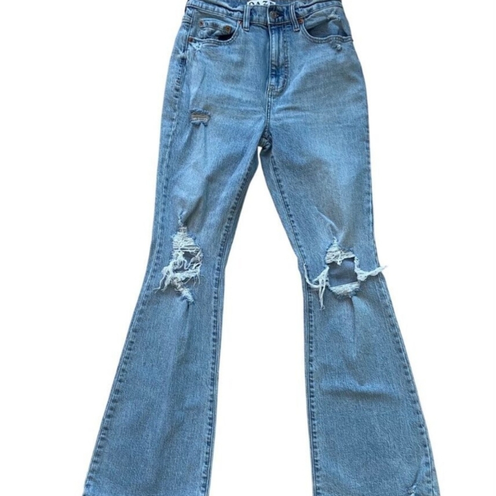 Daze Womens High-Waisted Flare Jeans Size 27 Organic Cotton wide ripped knees